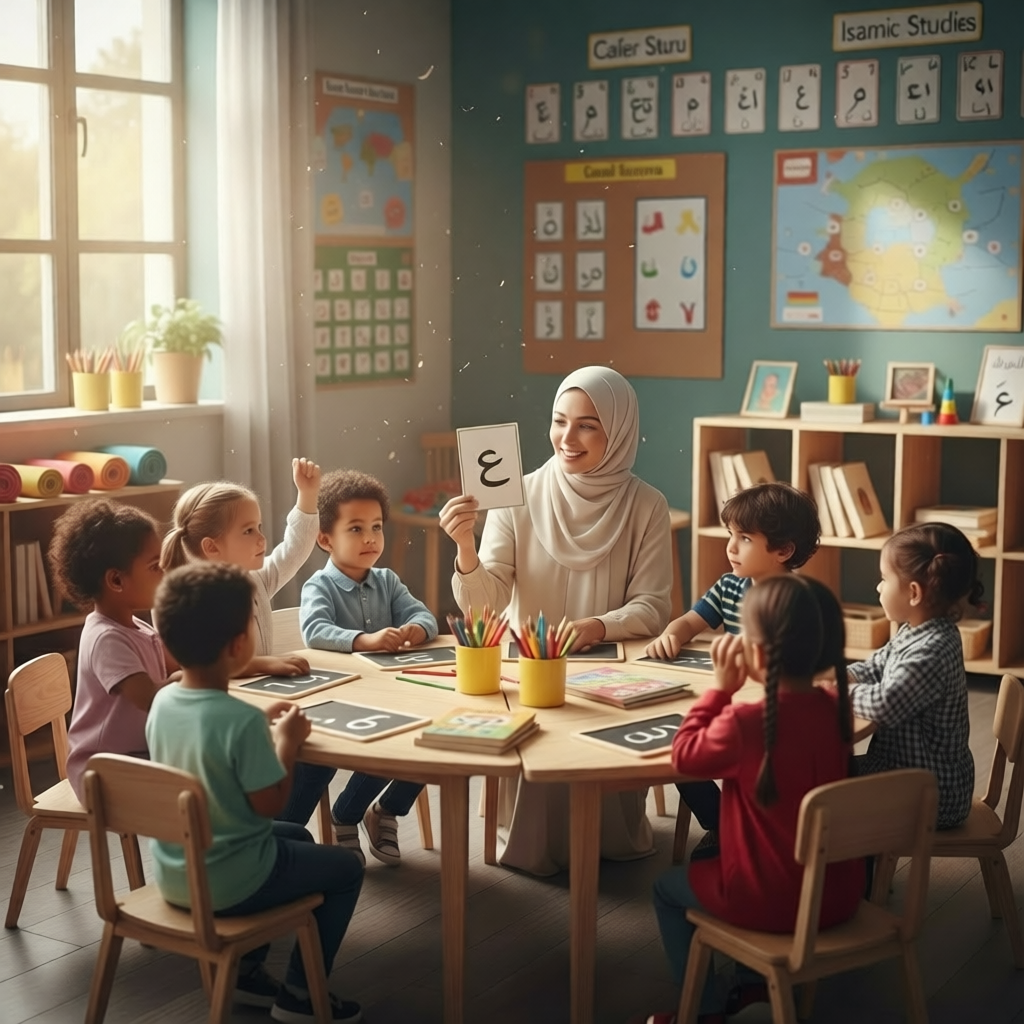 Une image d'une salle de classe d'enfants apprenant l'arabe ou les bases de l'islam, avec un professeur.